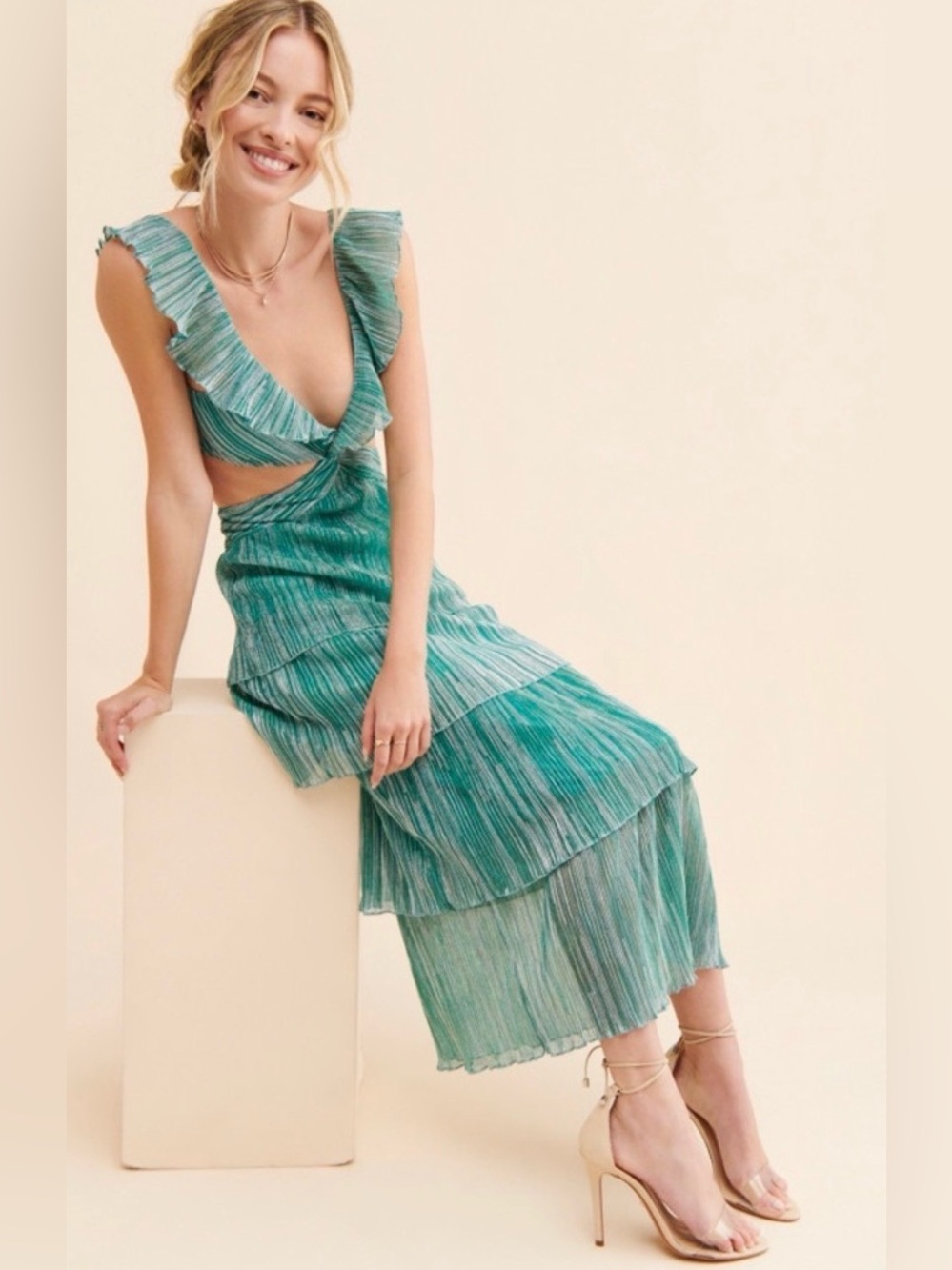 Saylor Newton Metallic Pleated Cutout Midi Dress Jade Green Size M